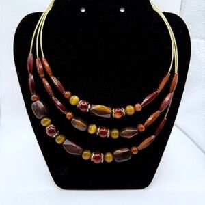 Vintage Tiger Eye and Wood Brown and Gold Multi-Strand Bead Necklace EUC 8.5”